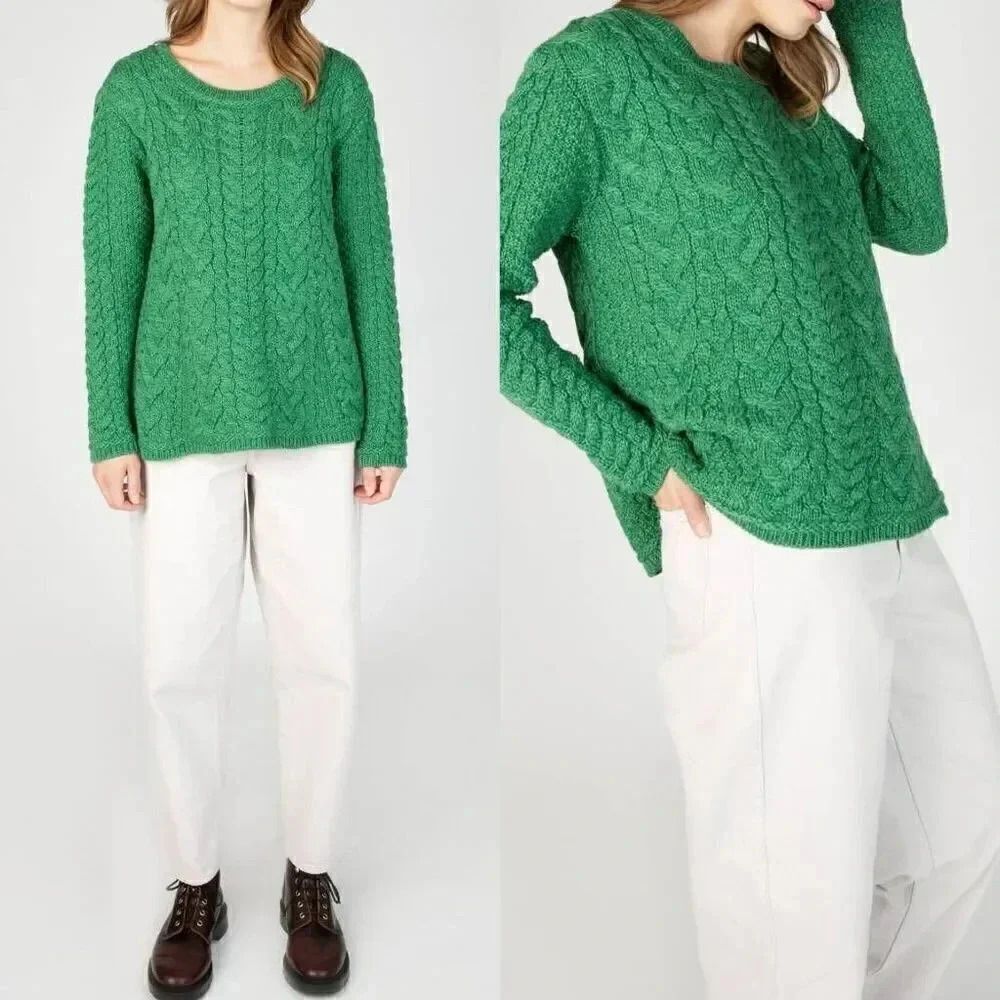 Irelandseye knitwear Primrose A-Line Cable Round Neck Sweater Green Marl L NWT $